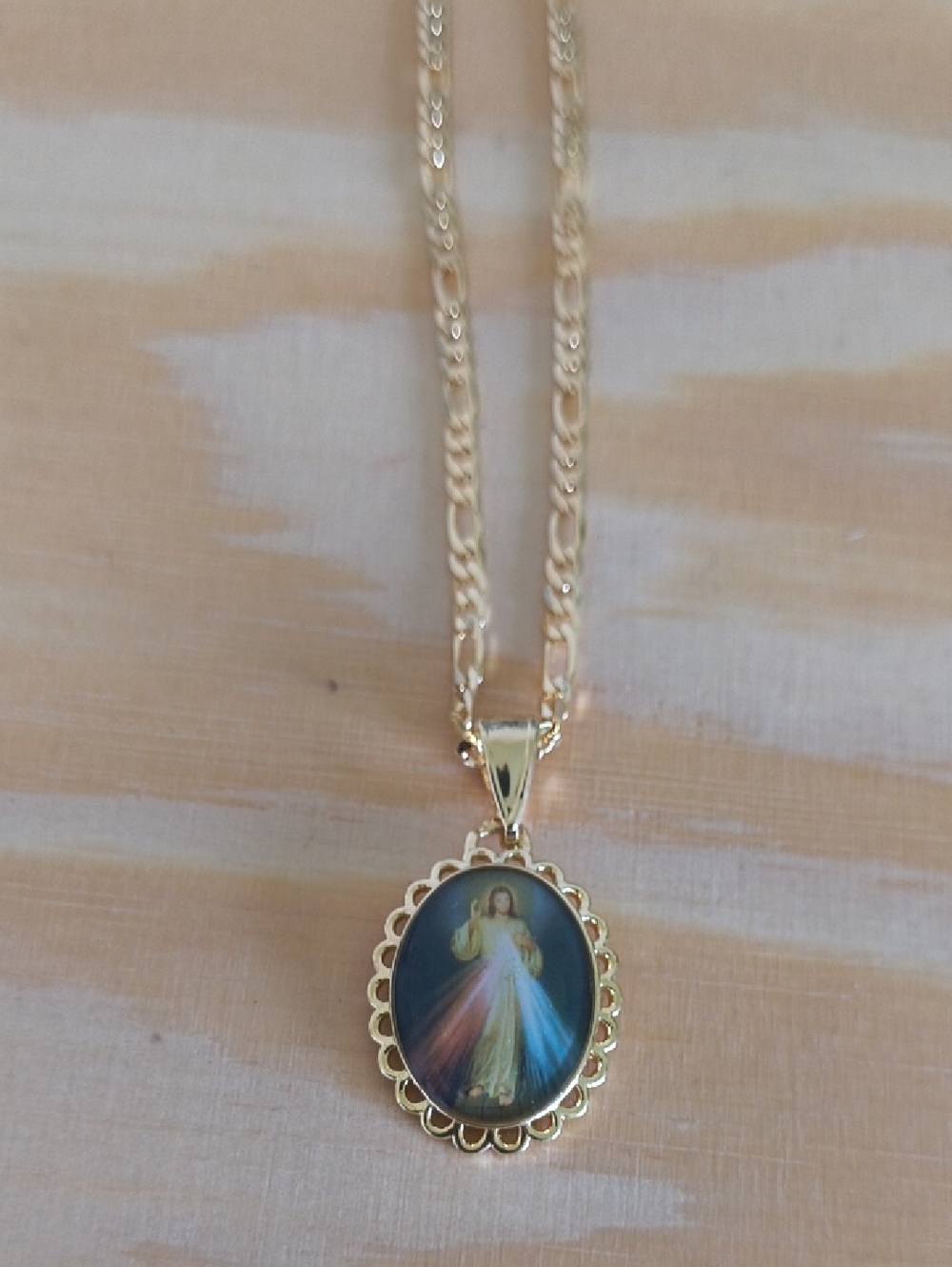 Gold-Tone Religious Oval Pendant Necklace with Multicolor Image